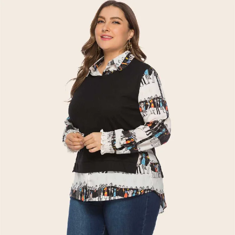 KittenAlarm - Two vintage print patchwork long-sleeved blouses for plus-size women