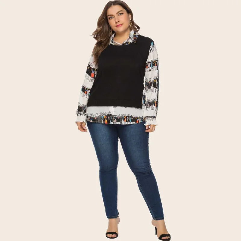 KittenAlarm - Two vintage print patchwork long-sleeved blouses for plus-size women