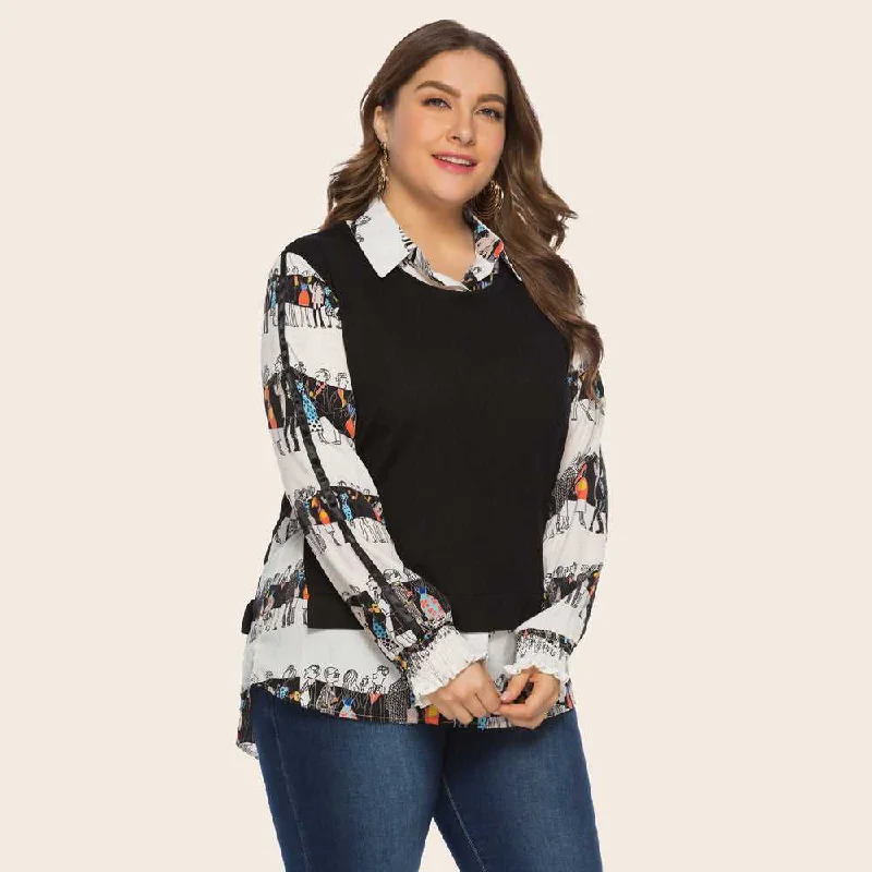 KittenAlarm - Two vintage print patchwork long-sleeved blouses for plus-size women