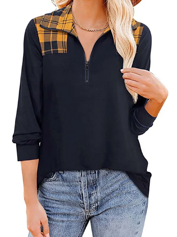 KittenAlarm - Plaid print patchwork zipper lapel long sleeve casual T-shirt top