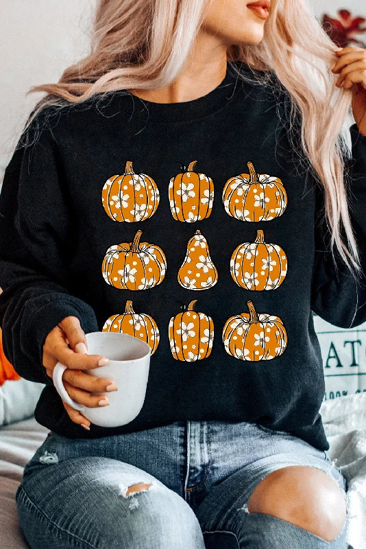 Black Halloween Floral Pumpkin Graphic Round Neck Sweatshirt