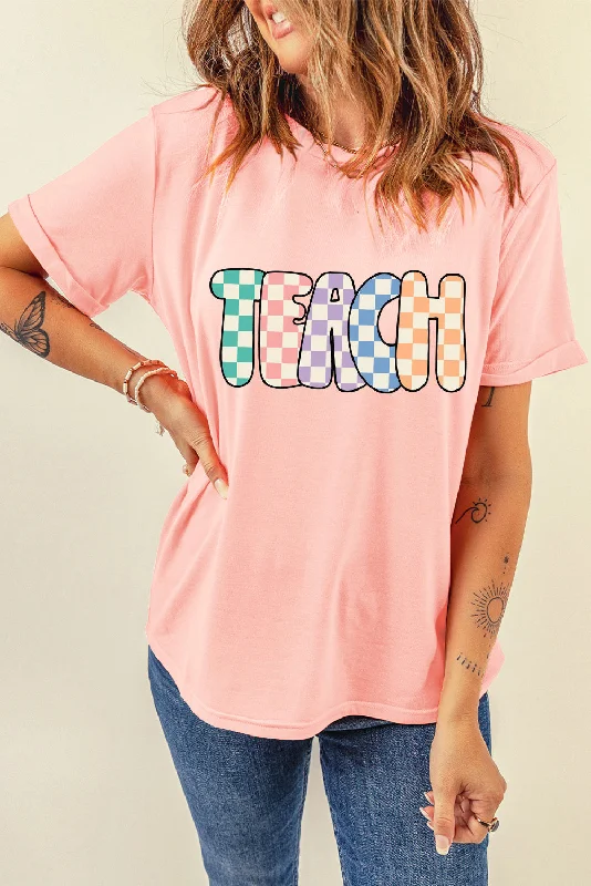 Pink Checkerboard TEACH Graphic Crew Neck T Shirt