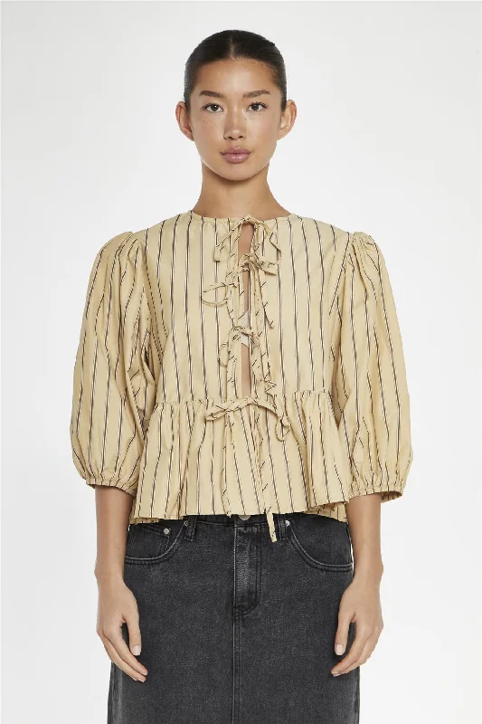 Beige-Brown Stipe Tie-Front Top