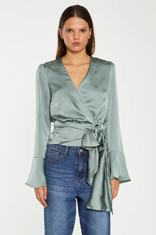 Dusty-Green Satin Wrap Front Blouse