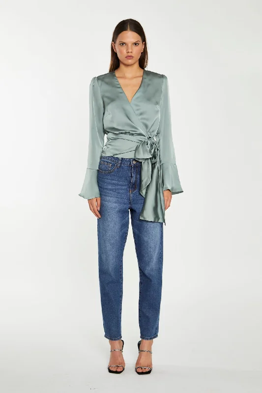 Dusty-Green Satin Wrap Front Blouse