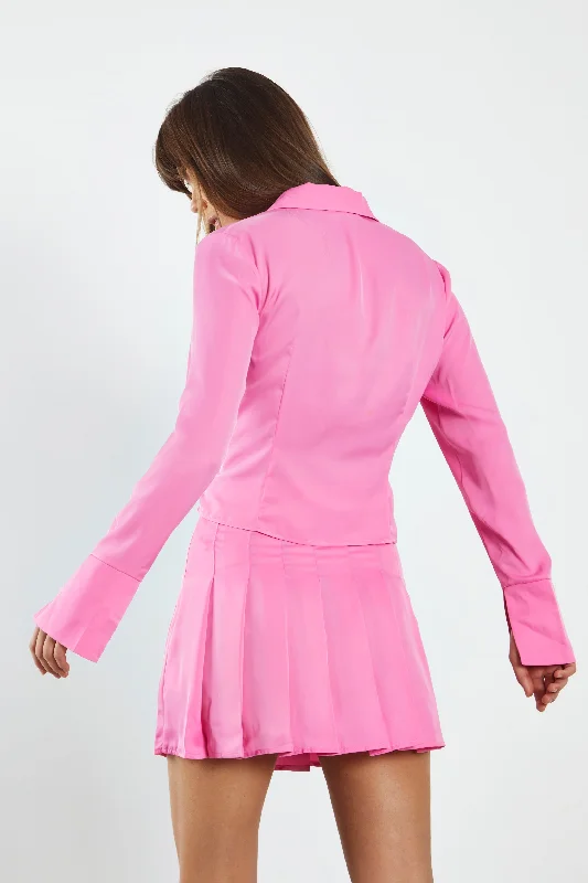 Glamorous Pink Satin Long Sleeve Fitted Shirt with Lapel Collar