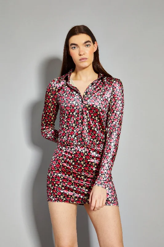 Glamorous Floral Print Velvet Button Front Shirt