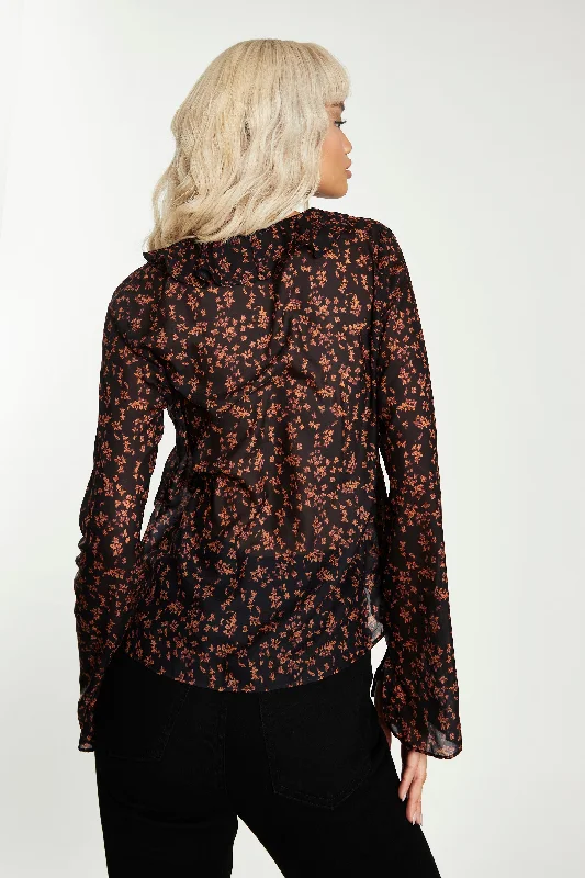 Glamorous Black Orange Floral Tie Front Blouse