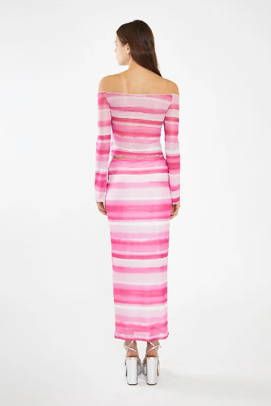 Pink Ombre-Stripe Mesh Off the Shoulder -Top