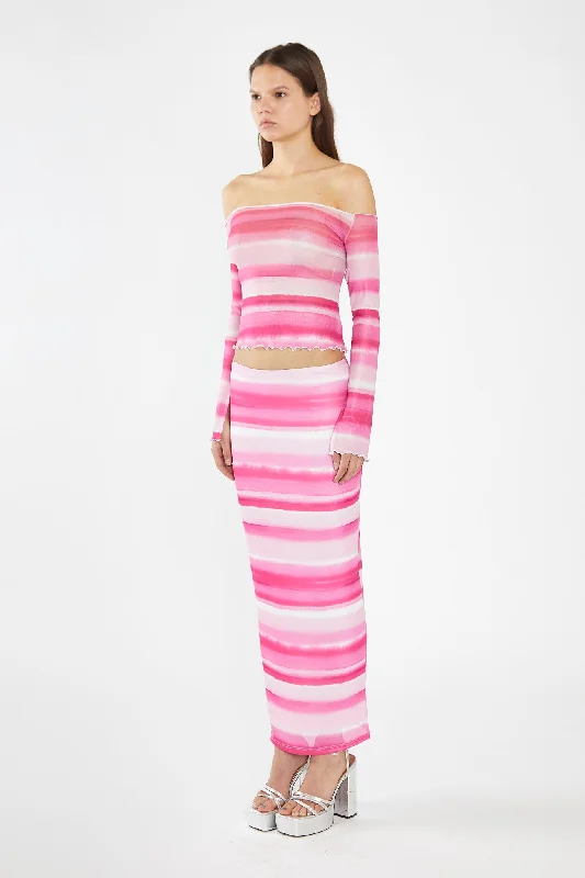 Pink Ombre-Stripe Mesh Off the Shoulder -Top