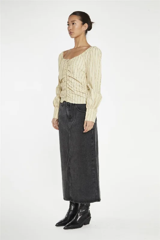 Straw-Gold Stripe Gathered-Front Top