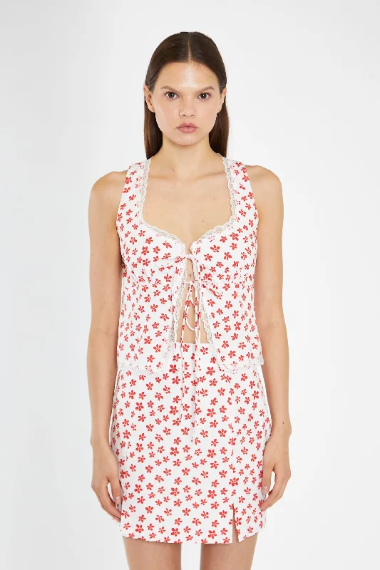 White-Red Daisy Lace Trim Tie-Front-Top